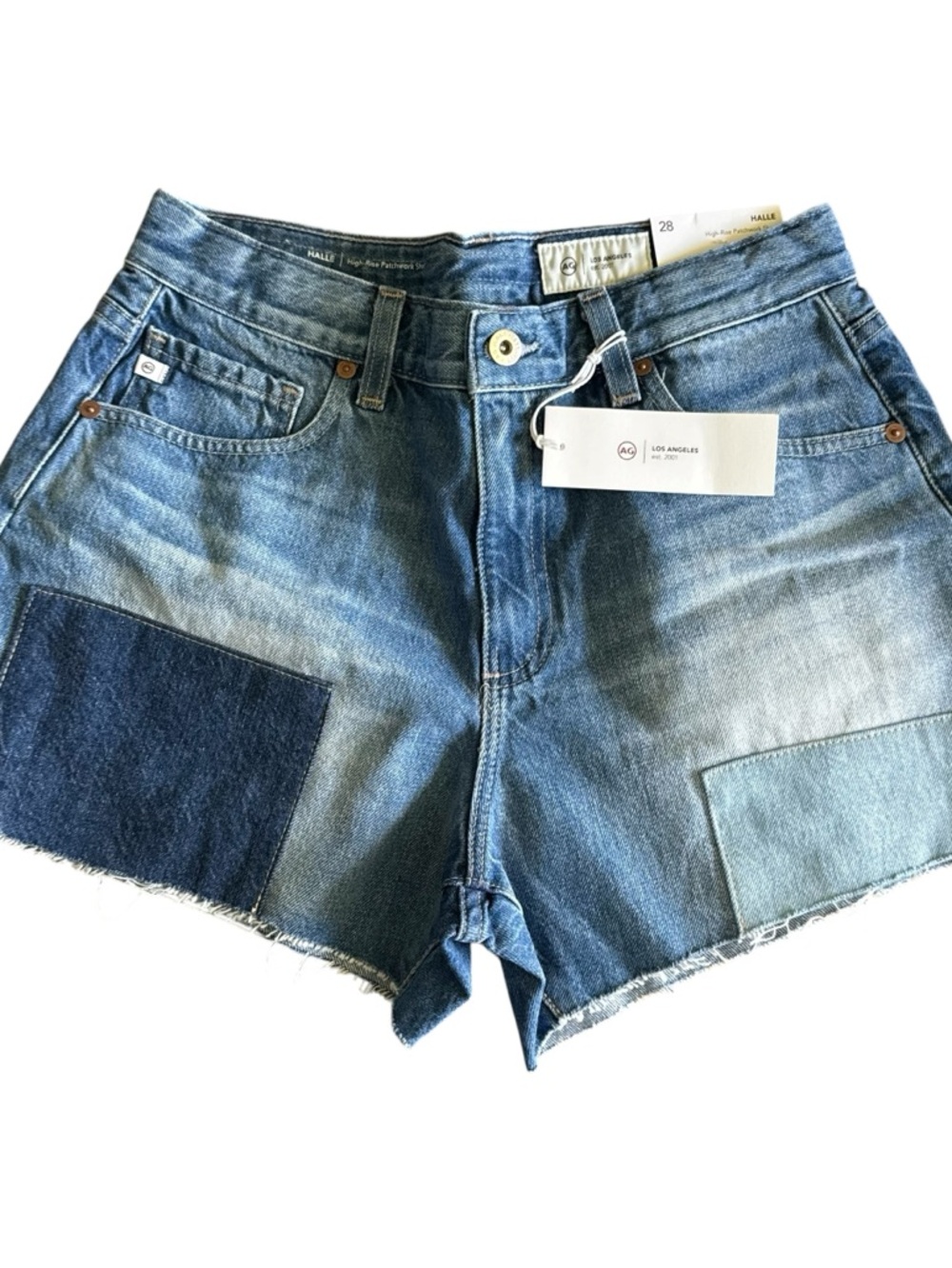 AG Adriano Goldschmied Halle High Rise Patchwork Cutoff Shorts Size 28 NWT